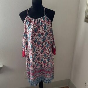Shoreline cold shoulder blue white red print red eyelet trim sleeve Boho dress L